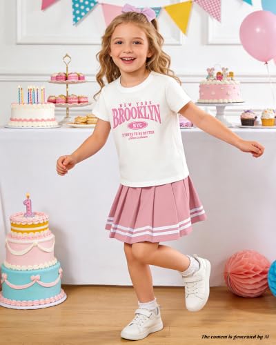Image of Betusline Girls Skirt Set JK School Uniform 2-Piece Outfit - Short Sleeve & Webbing Solid Skirt,Letter Print,Pink,6-7Years= Tag 130