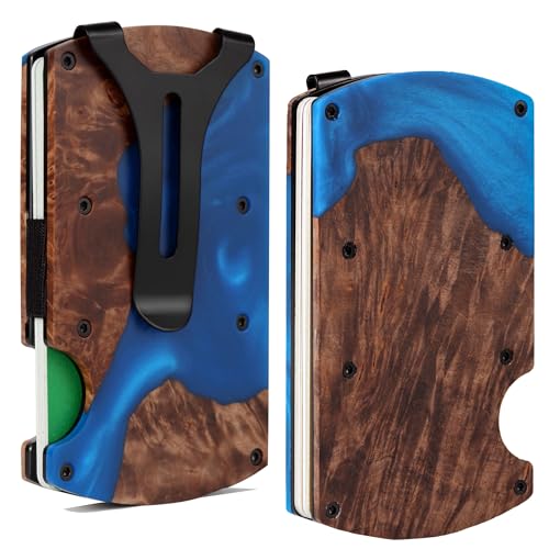 Image of Wallet for Men, Minimalist Slim RFID Blocking Resin Wood Credit Card Holder with Money Clip, Easily Removable Cash&Card Metal Wallet,Resin River,Natuarl Walnut Wood,Unique Pattern,Gift for Men