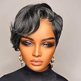 SisBroSis Hair Pixie Cut Lace Front Human Hair Wigs 13X4X1 Lace Frontal Wigs Short Layered Pixie Cut Wigs With Bangs Brazilian Virgin Human Hair Dark Gray Color for Daily Use (Grey)