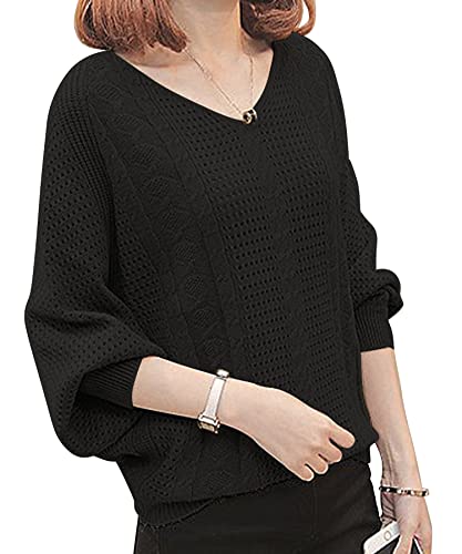 [Amulet]ドルマン風ニット レディース 透かし編み ニット ドルマン 体型カバー リブ袖 Vネック 大人 かわいいvl-5858-bk-f