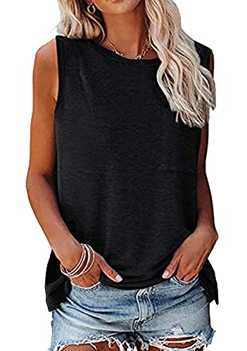 MAGICMK Women Summer Casual Sleeveless Tank Tops Crew Neck Graphic Basic Black Shirts (Black, XL)