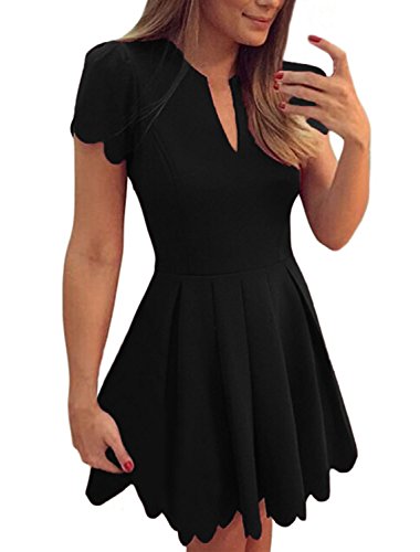 Sidefeel Women Sweet Scallop Pleated A-line Dress Small Black