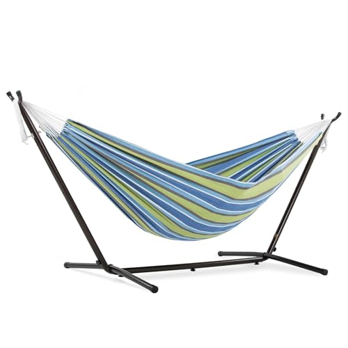 Vivere Double Cotton Hammock with Space Saving Steel Stand, Upgraded Polyester End Strings 450 lb...