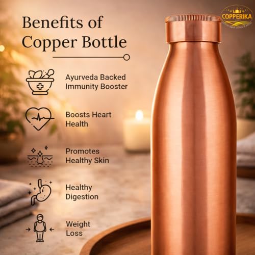 Image of Classic Copper Water Bottle 1 ltr litre + 1 COPPER TONGUE CLEANER FREE Original Tamba Heavy Build | Gift Item | Return GIft Item With Ayurvedic & Other Health Benefits For All Users