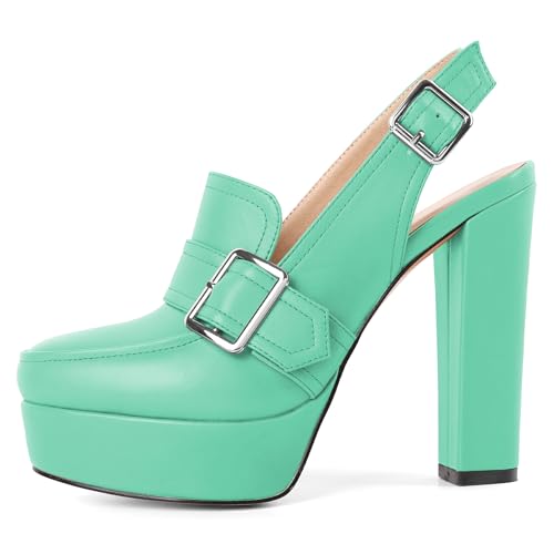 Image of Women's High Heel Loafers Platform Pumps Round Toe Heels Chunky Heel Pumps Stylish Comfortable 4.8 Inch Slingback Heels