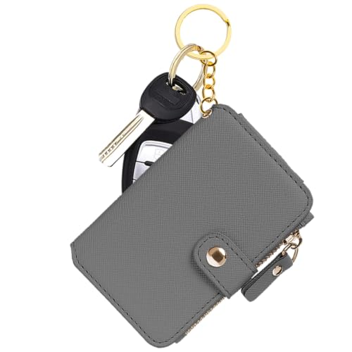 Image of M-Plateau RFID Blocking Slim Keychain Wallet for Women | PU Leather Keychain Pouch with ID Window & Zipper Pocket, Mini Credit Card Case for Daily Carry (Grey)