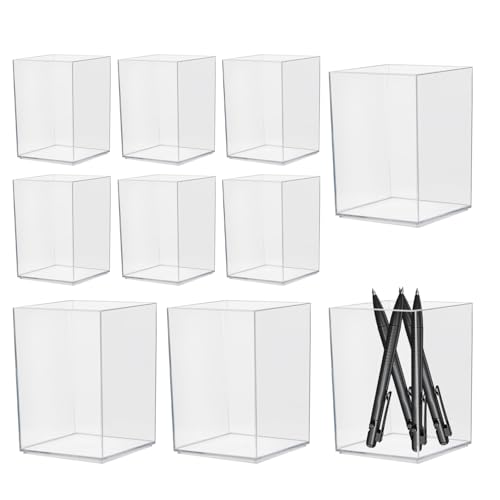 Bofanze 10 Piezas Portalápices de Acrílico Transparente Portalapices Escritorio Organizadores de Maquillaje Cuadrados Multifuncional Portalapices Acrílico para Escritura, Maquillaje Brushes