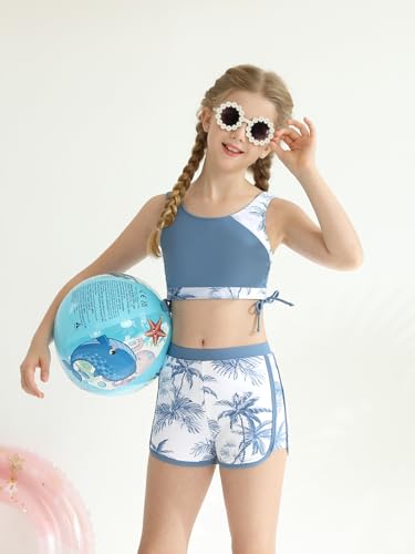 Image of Girl's 3 Piece Bikini Bathing Suit Printed Sport Swimsuits with Shorts Cove Up Sets Teen Girl's Swimwear