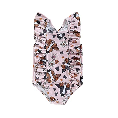 Muasaaluxi Toddler Baby Girl Swimsuit Cow Print Ruffle Swimwear One Piece Bathing Suit Beachwear Western Summer Clothes 18M-6T (Pink, 4-5 Years)