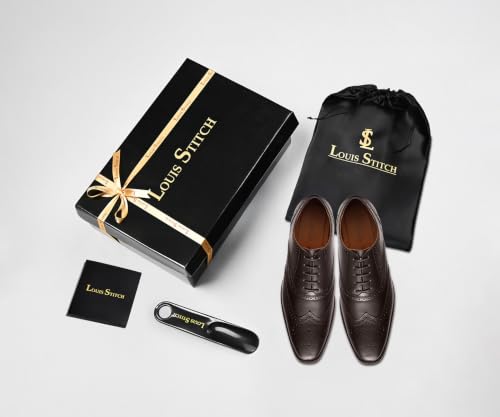 Image of LOUIS STITCH Men's Formal Lace-Up Wingtip Brogues | Handmade Italian Leather Shoes | Premium Oxford Dress Shoes for Men | Business, Wedding Sizes 6-12 |RXBG