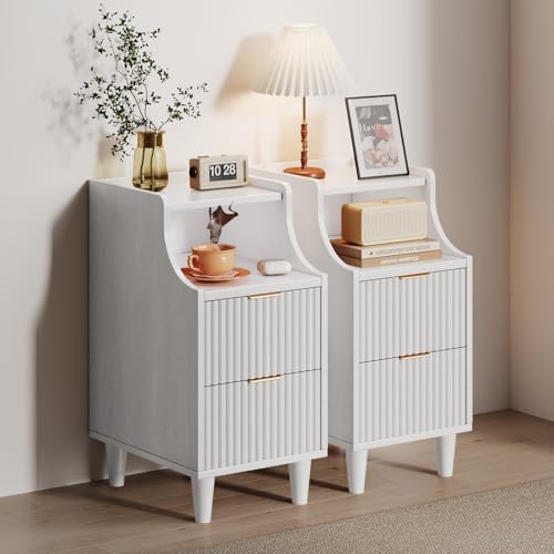 Image of Narrow Nightstand Set of 2,11.8 inch Fluted Bedside Table Set of 2, Slim Side End Table with 2 Drawers, Wooden Bedside Table, White Wood Night Stand for Bedroom Livingroom Sofa Office