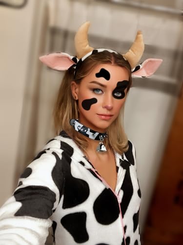 Classic Cow Print Bell Choker Collar Necklace for Women| Punk Gothic Letter Leather Spiked Rock Collar Jewelry Cow Cosplay Choker4