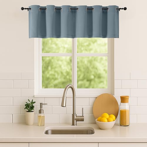 Image of Simplebrand Stone Blue Window Valance for Kitchen 14 Inches Long 2 Panels Set, Room Darkening Valance Curtains for Living Room, Grommet Short Privacy Kitchen Curtains for Bedroom Kids Room, 40Wx14L