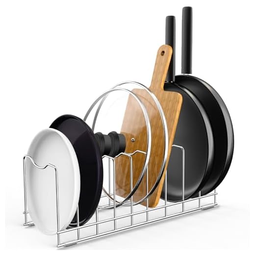 23+ Genius Ways to Organize Your Pots and Pans Storage 4 FLSEPAMB Lid Organizer Pot Lid Organizer 10-Tier Pot Lid Rack Holder Suitable for Bakeware Dish Plate, Cutting Boards, Pots & Pans, Serving Trays, Reusable Containers in Cabinet Pantry (1 Pack)