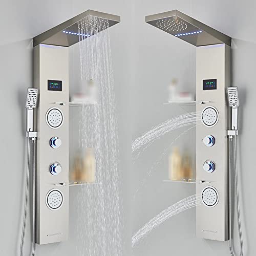 Columna de Ducha Multi Rain con Panel de Chorro Lluvia y Jets Corporales – Torre de Ducha Completa para Pared con Estante, Acabado Mate en Acero Inoxidable 304 miniatura 2