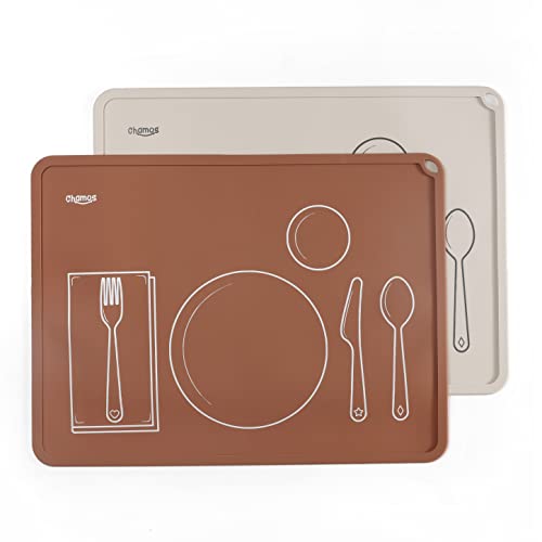 Image of CHAMOS Montessori Placemat for Toddlers - Kids Silicone Mats for Dining Table - Set of 2 - Table Setting Learning (Clay and Beige)
