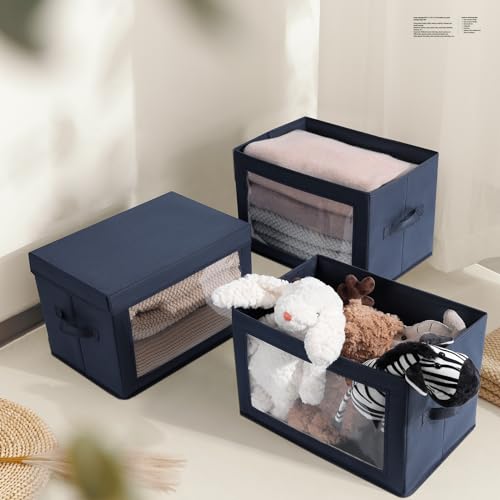 Image of Homsorout Foldable Storage Boxes with Clear Window - Clothes Organizers and Storage, Decorative Bins with Lid, Fabric Storage Cube, Storage Baskets for shelves, Yarn, Home, Navy blue, 3 Pack