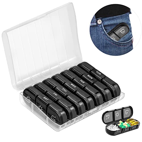 HOBIANO Tablettenbox 7 Tage 3 Fächer, wöchentliche Pillendose, tragbare Medikamentenbox Morgens Mittags Abends, Klein Pillenbox für Medikamente, Vitamine (Schwarz) Cover