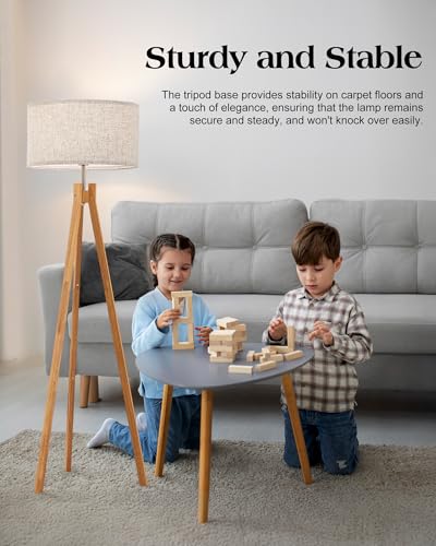 elyona nordic wood tripod floor lamp modern reading standing lamp for living room 3 color temperatures led bulb included flaxen lamp shade boho natural wooden floor lamp for bedroom office kids room