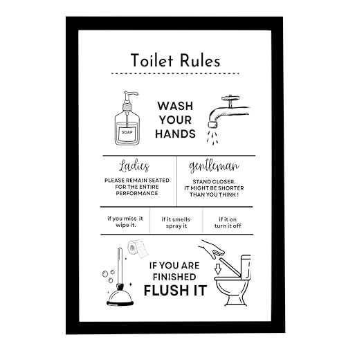 Mira Mest Framed Bathroom Wall Decor | Funny Quotes & Cute Animal Art Prints | Quirky Toilet Signs & Guest Bath Decorations | Minimalist Black & White Washroom Signs | Ready to Hang Toilet Humor for Home & Powder Room (TOILET RULE)