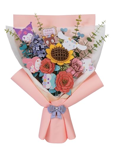 Hands Craft Hello Kitty 3D Wooden Bouquet Puzzle Kit – DIY Floral Model Craft Set Featuring My Melody, Kuromi, Cinnamoroll, Keroppi & Chococat – Fun Gift for Kids & Adults