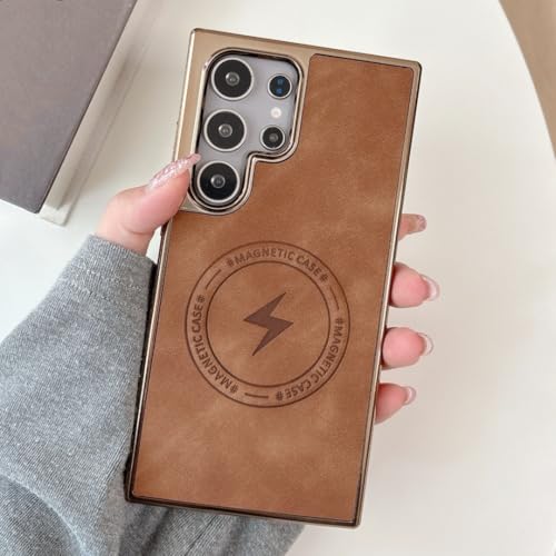 Étui magnétique en cuir mat marron pour Galaxy S25 avec protection antichoc