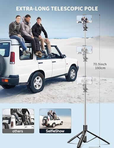 Image of Bouncefit R1L Extra Long Extendable Selfie Stick with Wireless Bluetooth Remote and Tripod Stand, Rechargable LED Light, Compatible with iPhone /OnePlus /Samsung /Oppo /Vivo /Xiaomi and All Phones (180Cm)