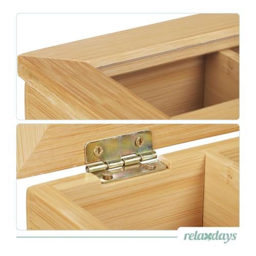 Foto von Relaxdays 10031460 Teebox Bambus, 6 Fächer, 72 Teebeutel, Klappdeckel, Aromaschutz, längliche Teekiste, HBT: 9 x 44 x 9 cm, natur