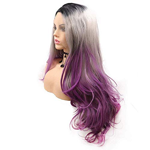 Purple Lace Front Wigs For Women Ombre Gray Lilac Black Roots 3 Tone Long Wavy Natural Hairline Realistic Synthetic Wig Pre Plucked Handmade Wigs Heat Resistant Fiber Hair Drag Queen Cosplay #TOP7