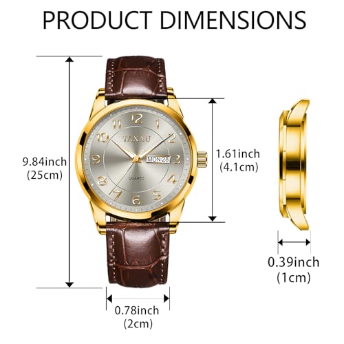 Taxau Men's Wrist Watches Waterproof Watches for Men Leather Watch Dress Analog Quartz Luxury Classic Watch Gold-Grey Dial Brown Strap Large Number Dual Calendar Water Resistant relojes para Hombres — view 6