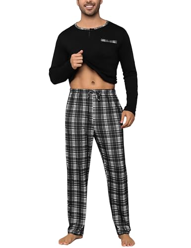 Imagen de Litherday Pijama Hombre Algodón Invierno Manga Larga Conjunto de 2 Piezas con Pantalón Cuadros y Camiseta Cómoda Ropa Dormir Hombre