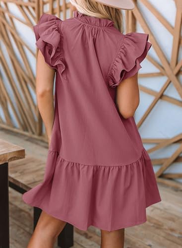 Image of Dokotoo Womens Summer Dresses 2026 V-Neck Drawstring Ruffle Cap Short Sleeve Side Pockets Mini Dress Sundress