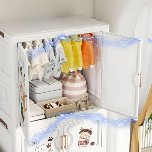 Image of EXVITO Plastic Wardrobe for Cloth with Drawers & Hanging Rod | Baby Cupboard for Clothes Storage | Foldable Collapsible Plastic Almirah for Kids | Cartoon Design Cabinet for Bedroom - Butter Bear