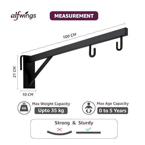 Image of Baby Window Cradle Hanger | Up to 35 Kg Metal Rod | Hook and Paint Protection Shield | Black, 100 cm | WCH1mB