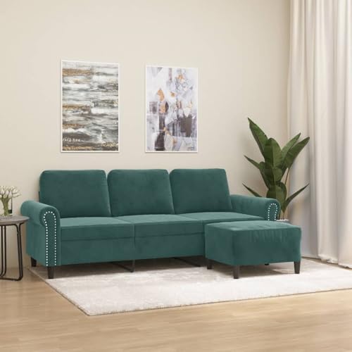 ACAGALA 3-Sitzer Sofa mit Hocker aus Samtstoff, Ecksofa mit Kissen, Kleine Couch Holzbeine & Metallrahmen, Modernes Couch für Wohnzimmer Schlafzimmer, 212 x 77 x 80 cm, Dunkelgrün
