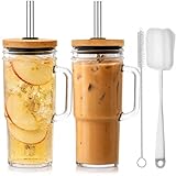 ALINK Glasbecher mit Henkel 2er Set, 24 oz / 710 ml Trinkgläser mit Bambusdeckel, 12 mm Edelstahl Strohhalm & Bürste, für Eiskaffee, Bubble Tea, Apfelschorle