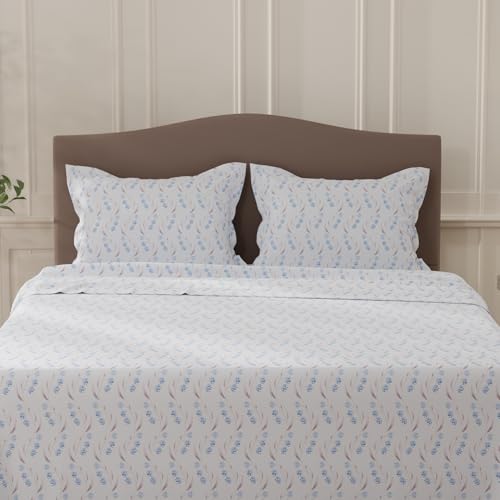 Image of Layers 100% Cotton Bedsheet for Double Size Bed | Lumina Floret Collection | 144 TC Soft & Breathable | Floral Print with 2 Pillow Covers | Wrinkle Free & Colorfast | 3 Piece Bedding Set - Blue