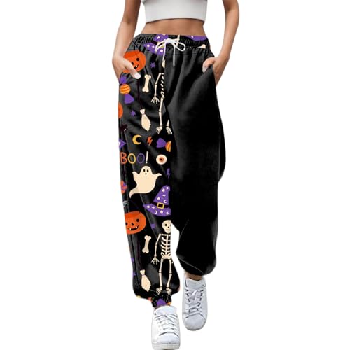 Zanisouta Disfraz de Halloween para mujer, pantalones de chándal holgados, pantalones funcionales, informales, pantalones largos de deporte, con esqueleto, fantasmas, calabaza, pantalones de sudadera