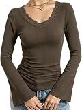 Longsleeve Damen V Ausschnitt Oberteil Trompetenärmel Shirt Eng Elegant Dünne Sexy Oberteile Party Langarmshirt Festival Rippshirts Langarm Bell Sleeve Shirts Herbst Braun M