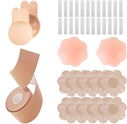 Bruststraffungs Band, Push Up Große Brust Boob Tape, mit 5 Paar Einweg-Nippelabdeckungen, 36 Stück Fashion Tape, 2 Paar Wiederverwendbare Unsichtbar Silikon Brüste Nippelpads für Cup A-K (10CM * 5M) Cover