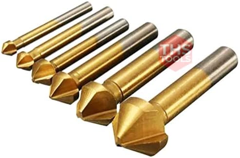 6 Piece 3 Flute 90 Degree Edge Chamfer Cutter Mill Drill Bit Set, HSS 4241 High Speed Steel Countersink Drill Bits, Titanium Plating Process Perfect for Woodworking Carpenter
