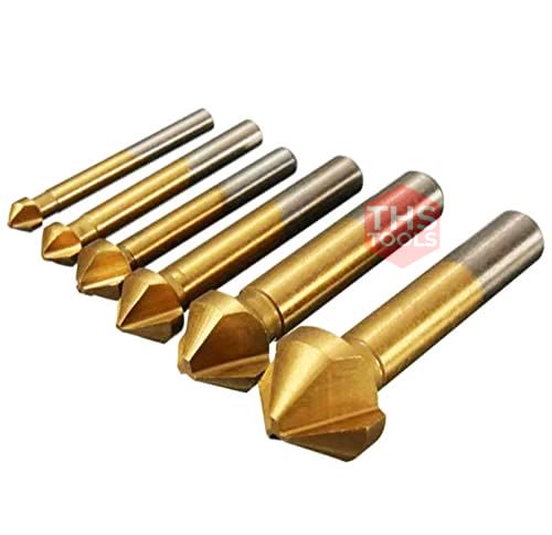 6 Piece 3 Flute 90 Degree Edge Chamfer Cutter Mill Drill Bit Set, HSS 4241 High Speed Steel Countersink Drill Bits, Titanium Plating Process Perfect for Woodworking Carpenter