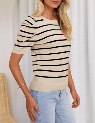 HAEOF Women's Striped Puff Short Sleeve Business Casual Tops Spring Summer Trendy Lightweight Sweater Work Shirts Blouses3