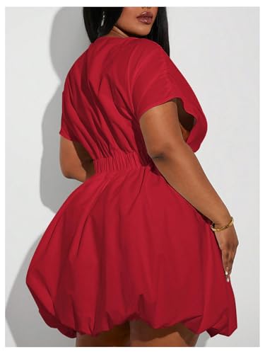 Image of WDIRARA Women's Plus Size Deep V Neck Bubble Dress Short Sleeve A Line Mini Dresses