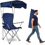 TeqHome Camping Chair with Canopy, Outdoor Folding Lounge Chair with Adjustable UPF 50+ Sun Shade & Cup Holder, Portable Camping Recliner for Camp Beach Outdoor Sports, 350LB Max Support - U.S Spot