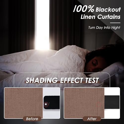 Image of Nanspring Caramel Brown 100% Blackout Linen Curtains for Bedroom 90 Inches Long Back Tab Rod Pocket Thermal Insulated Vintage Rustic Black Out Curtain for Living Room Office Drapes 52x90, 2 Panels