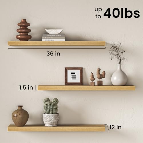 Image of Fun Memories Floating Shelves for Wall, 3 Pack 36 Inch Long Floating Shelves, 36 x 12 Wooden Shelves for Wall, Large Storage Shelves, Hanging Shelves for Bathroom Bedroom Kitchen, Oak