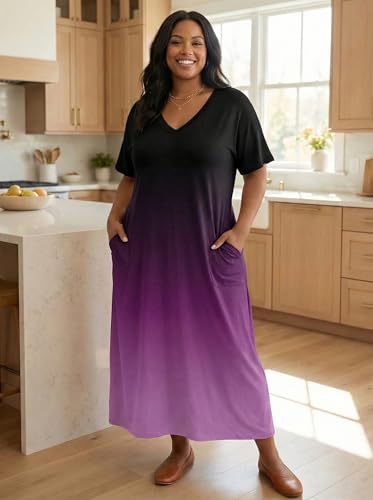 Image of SUZONANA Women Casual T-Shirt Dress V Neck Short Sleeve Solid Color Oversize Dress with Front Two Pockets