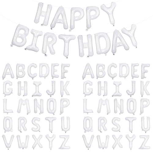 Image of 65 Pcs White Happy Birthday Balloons, 2 Sets A-Z White Letters Foil Balloons,16 Inch Personalized Name Happy Birthday Banners for Wedding Baby Shower Anniversary Party Decorations