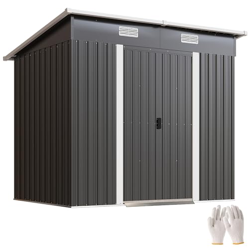 Image of Outsunny 7 x 4ft Outdoor Storage Shed with Foundation Kit, Lean to Metal Garden Shed for Log, Rubbish Bin, Tool, Lawnmower, Bike, Patio Use, Black
